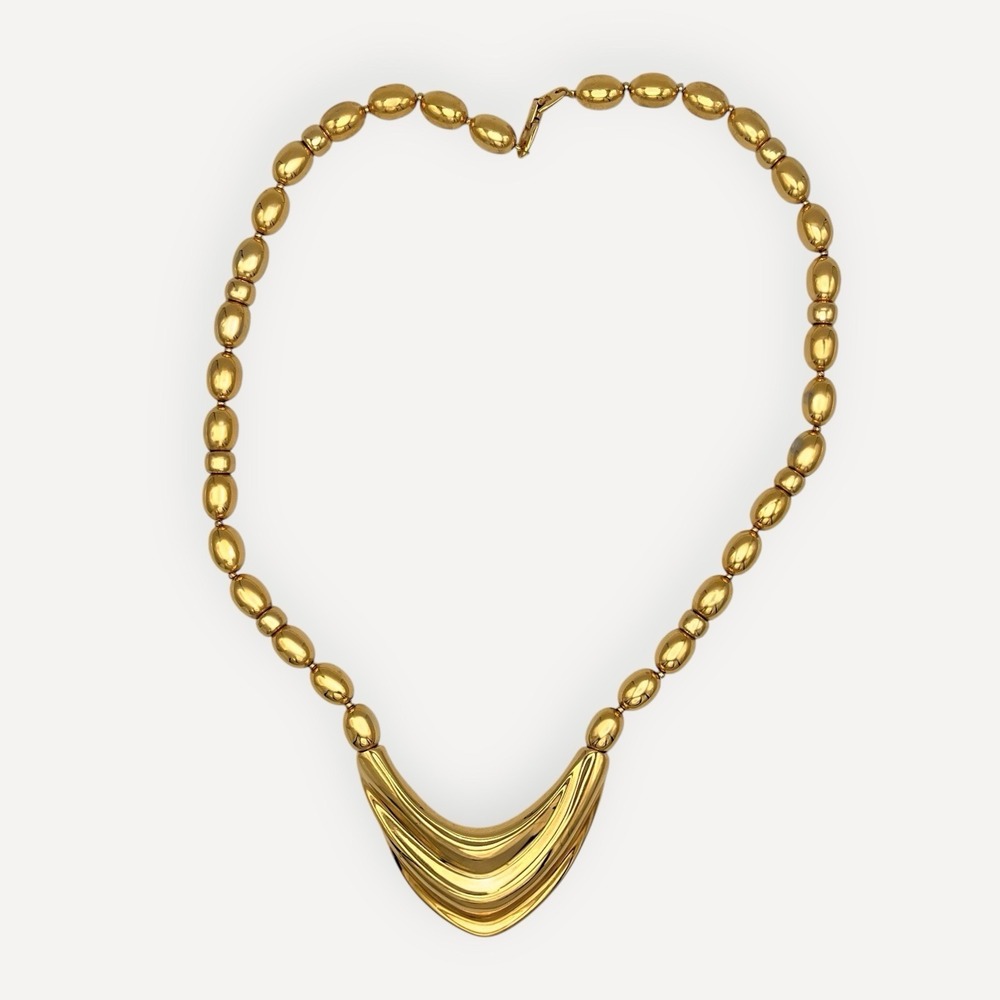Vintage 80s Napier Gold Tone‎ Thick Beaded Necklace V-shape Crest Pendant